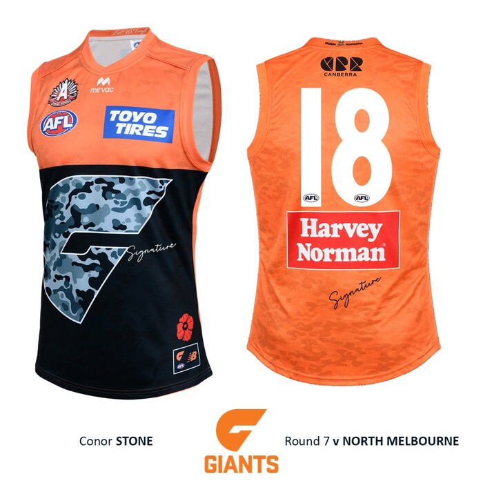Photo of Conor Stone #18 GWS GIANTS Anzac Round Player-Issue Jumper