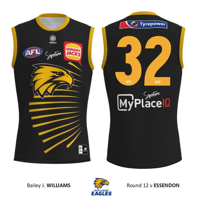 Photo of Bailey J. Williams #32 West Coast Eagles 2026 WA Day Match-Worn Guernsey & Shorts