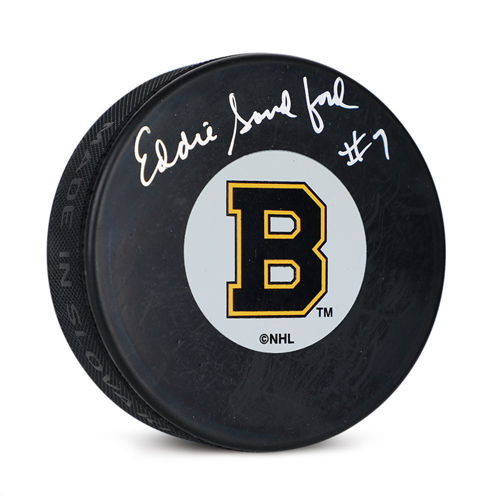 Ed Sandford Autographed Boston Bruins Original Six Logo Hockey Puck
