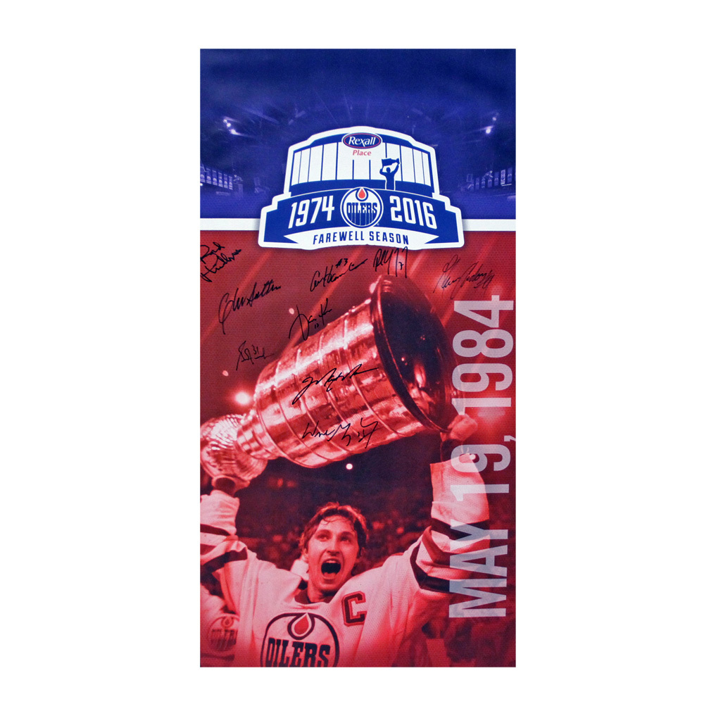 Wayne Gretzky #99 - Edmonton Oilers Rexall Place Farewell Concourse Promotional Banner Autographed By All 9 Retired Banner Legends Including Gretzky, Messier, Coffey, Kurri, Fuhr, Anderson, Hamilton, Phillips And Sather