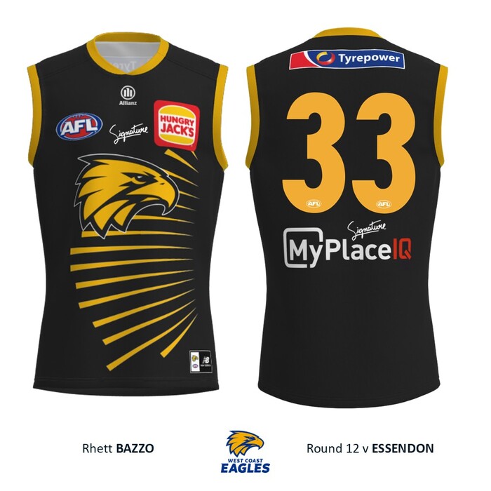 Photo of Rhett Bazzo #33 West Coast Eagles 2026 WA Day Match-Worn Guernsey & Shorts