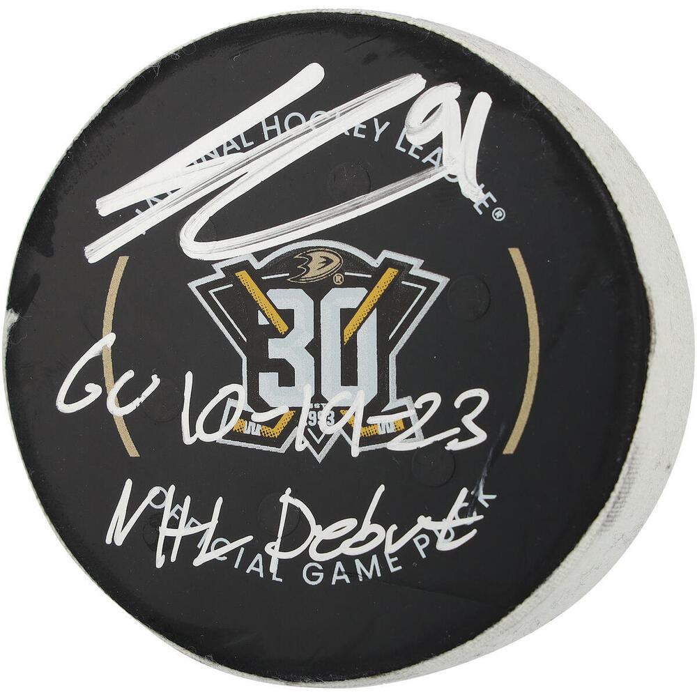 Leo Carlsson Anaheim Ducks Autographed Game-Used Puck vs. Dallas Stars on October 19, 2023 with Multiple Inscriptions