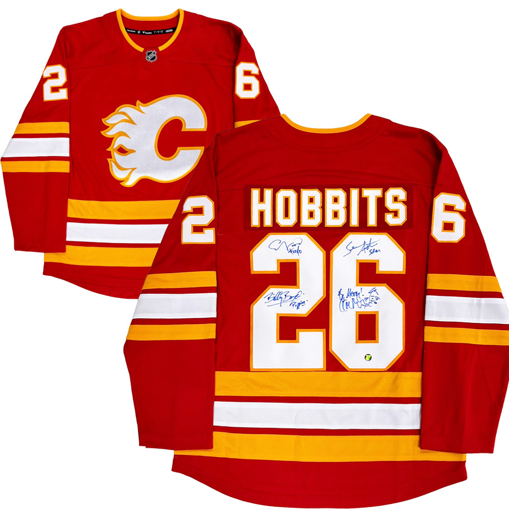 Elijah Wood, Sean Astin, Dominic Monaghan & Billy Boyd Autographed Calgary Flames LOTR HOBBITS Jersey - 2026 Calgary Expo